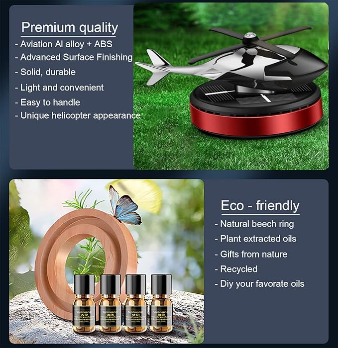 Helicopter Solar Rotating Air Freshener, Al Alloy Car & Home Décor|Red | Helicopter Spins in Sunlight. No Battery or Cable Needed. Freshens Car & Home Naturally. 5ml Essential Oil Included