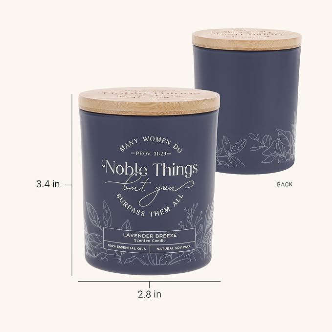 Christian Art Gifts Soy Wax Scented Candle: Lavender Breeze, Proverbs 31:29 Bible Verse, Pure Essential Oils, 4.5 oz, Up to 20 Hours Burn Time, Glass Jar w/Bamboo Lid, Encouragement Gift for Women