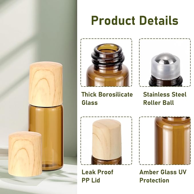 10Pcs 3ml Essential Oil Roller Bottles Empty Amber Glass Roll-on Vials for Perfumes Lip Balms, Leak Proof Travel Size, Refillable Sample Containers with Funnels