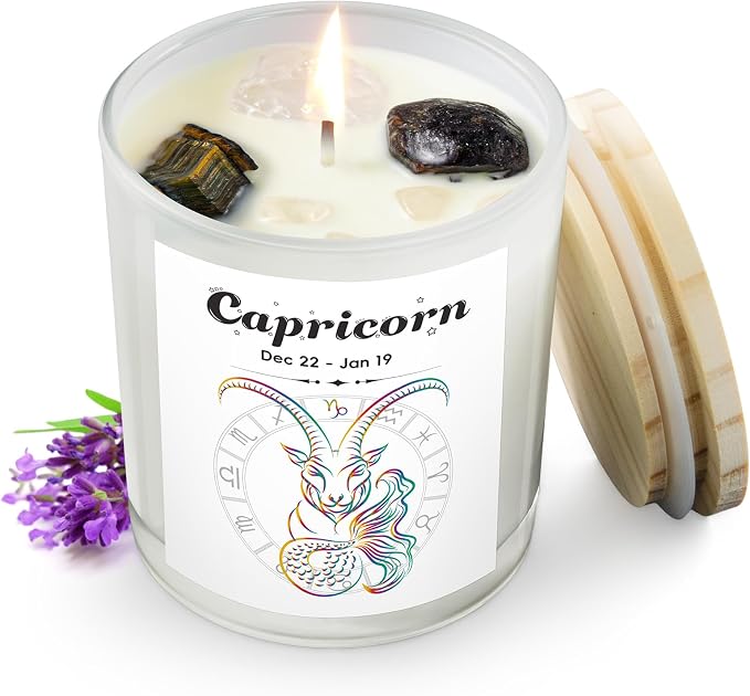 Capricorn Gifts for Women, Zodiac Capricorn Candle with Healing Crystals,Capricorn Birthday Gifts for Women, Mom, Sister, Friends, Meditation, Yoga, Relaxation (7oz)