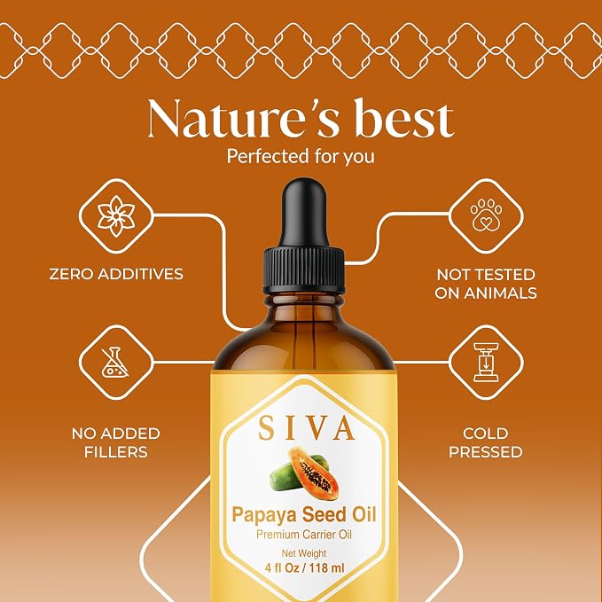 SIVA Papaya Seed Oil 4oz (118ml) Premium Cold-Pressed 100% Natural Carrier Oil With Dropper For Face, Skin Care, Body Massage, Hair Care, Hair Oiling & Scalp Massage