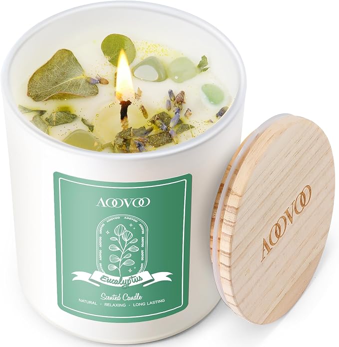 AOOVOO Eucalyptus Mint Scented Candles for Women - Aromatherapy Candle with Crystals Inside, 10oz Soy Candles for Home Scented, Birthday Gifts Mothers Day Candle for Women Mom