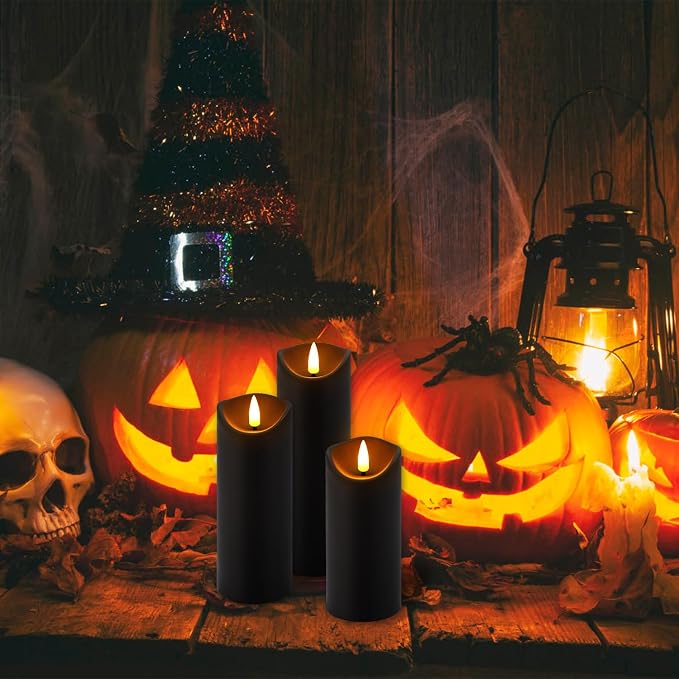 YOROXRG 12 Pack Halloween Decoration Flickering Flameless Candles, Battery Operated LED Pillar Candles with Remote Control and Timer.for Home Decor (D2.2 xH 5" 6" 7" Black)