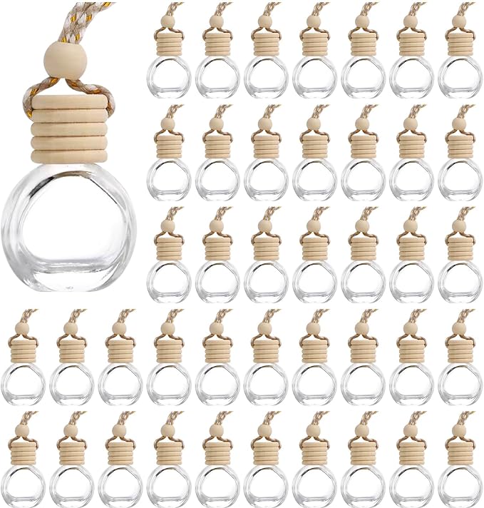 60Pcs Hanging Car Air Freshener Diffuser, 10ml Empty Glass Essential Pendant Bottles, Automotive Oil Aromatherapy Fragrance Perfume Containers