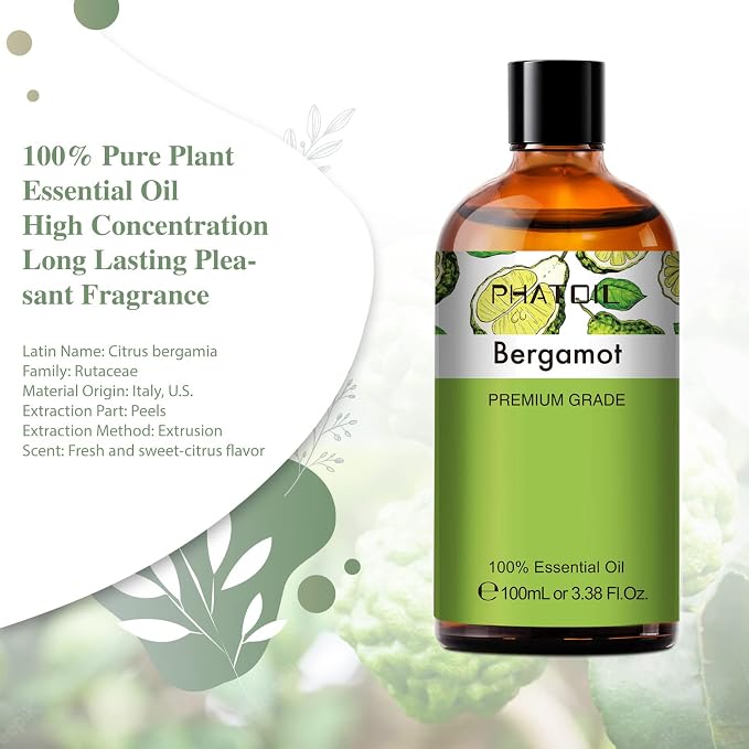 PHATOIL 3.38FL.OZ Bergamot Essential Oil, for Aromatherapy Diffusers, Humidifiers, Great for DIY Candle and Soap Making, Huge 100ML Bottle