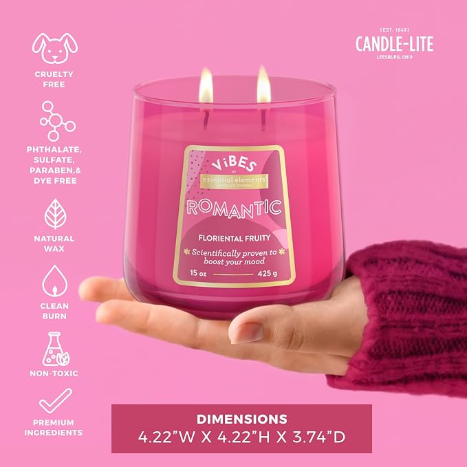 Candle-Lite Vibes Floriental Fruity Mood-Enhancing Scented Candles, 15 oz Jar, Aromatherapy, Proudly Poured in the USA, 2-Wick, 86 Hours Burn Time, Perfect Relaxation Gift