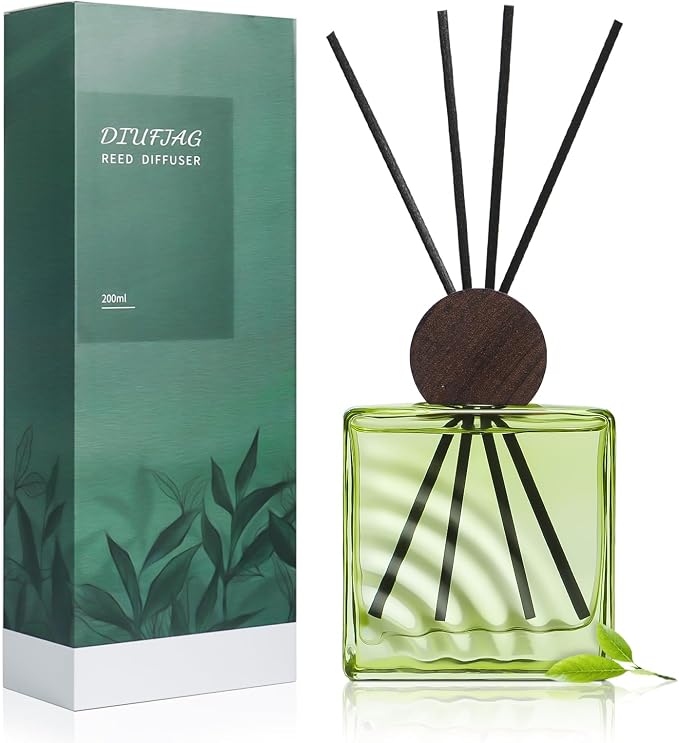 6.76 oz Green Tea Scent Diffusers with 8 Fiber Sticks,200ml Reed Diffuser for Bathroom Room Air Freshener, Last up for 40 Days