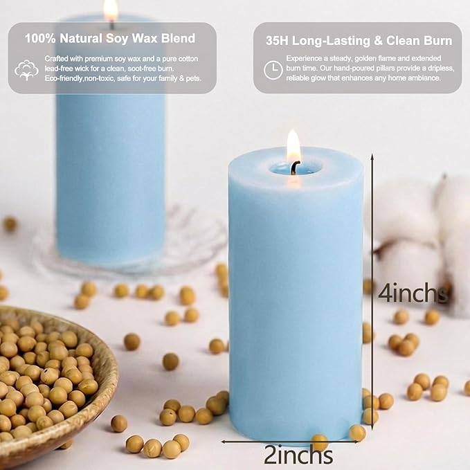 Blue Ocean Scented Pillar Candles, 3 Pack Soy Wax Pillar Candles 2 x 4 Inch, 35 Hour Long Burning Decorative Candles for Home Decor, Bathroom, Spa, Relaxation and Gifts
