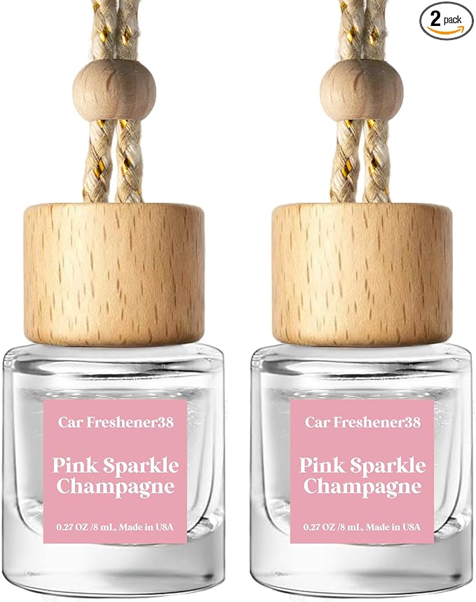 C Classy Hanging Car Air Freshener 2 Pack, Pink Sparkle Champagne Essential Oil Diffuser, Long-Lasting Fragrance, Cute Glass Bottle Car Accessories for Women & Men, Made in USA