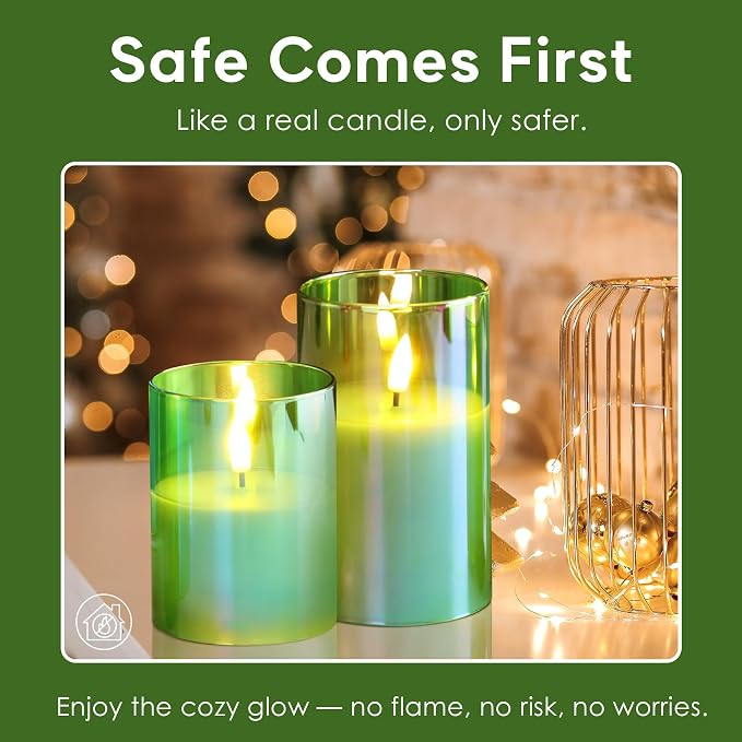 Eywamage Green Glass Flameless Pillar Candles with Remote, Flickering Spring Battery LED Candles Holiday Decor Set of 3