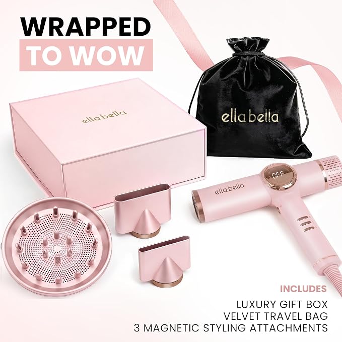 ELLA BELLA® Professional Ionic Hair Dryer with Diffuser • Negative Ion Blow Dryer • Suitable All Hair Types • Intelligent Heat Control & Rapid Drying Speeds • Lightweight Design • Low Noise Technology