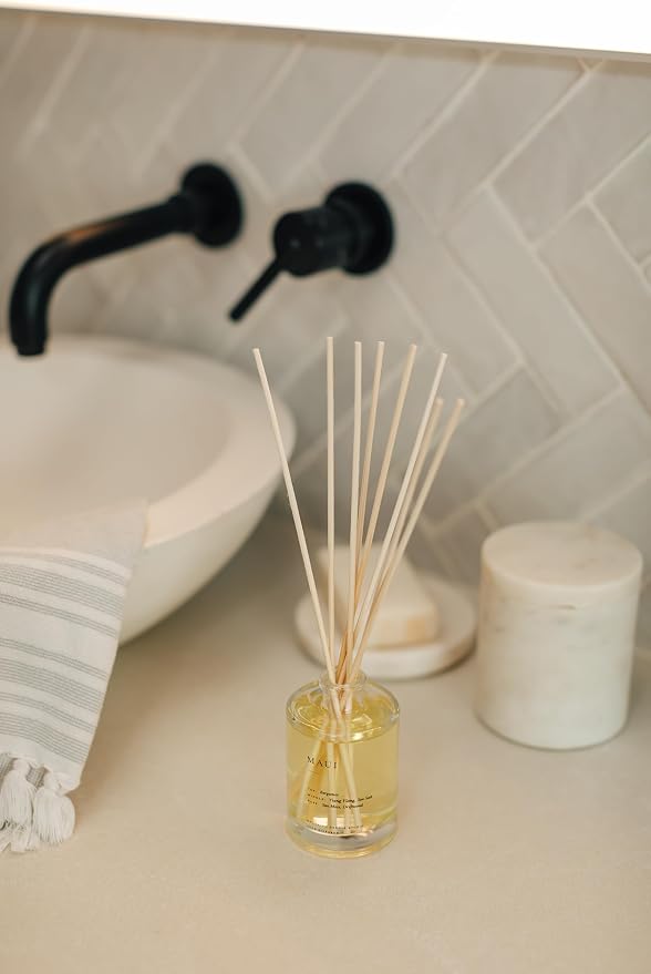 Brooklyn Candle Studio Reed Scent Diffuser - Maui - Relaxing Oil Diffuser, Sea Salt, Driftwood & Ylang Ylang Fragrance, 8 Rattan Diffuser Reeds, Clean Ingredients - 3.7oz