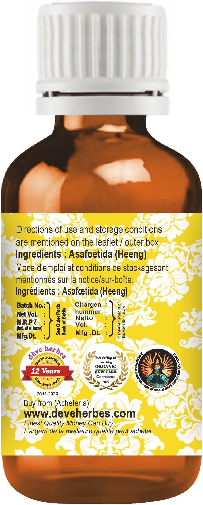 dève herbes Asafoetida (Heeng) Essential Oil (Ferula assa-foetida) Pure | Non-Sticky | Non-Greasy | Lightweight | Men & Women | All Skin Types | Steam Distilled 5ml (0.16 oz)