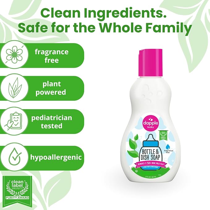 Dapple Baby Fragrance-Free Baby Bottle & Dish Soap - (2 Pack) 3 fl oz - Plant-Powered Cleaner for Bottles, Pump Parts, and Sippy Cups - Travel Size