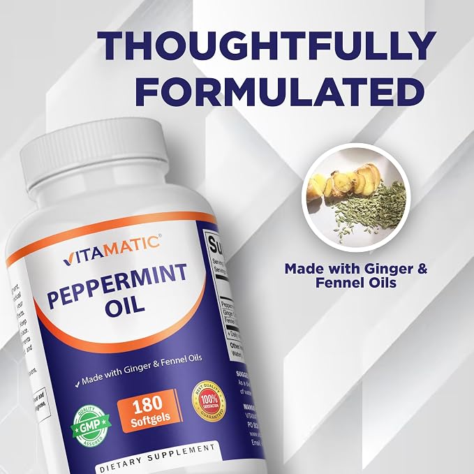 Vitamatic Peppermint Oil Gel with Ginger & Fennel Oils, 550mg per Serving, 180 Softgels