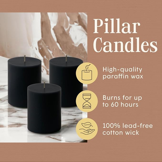 Mister Candle Dripless Unscented Black Pillar Candles, Set of 3 Hand Poured Solid Color Non-Scented Candles for Home Decor, Premium Wax, 60 Hr Burn Time - 3x4 Inch, Black