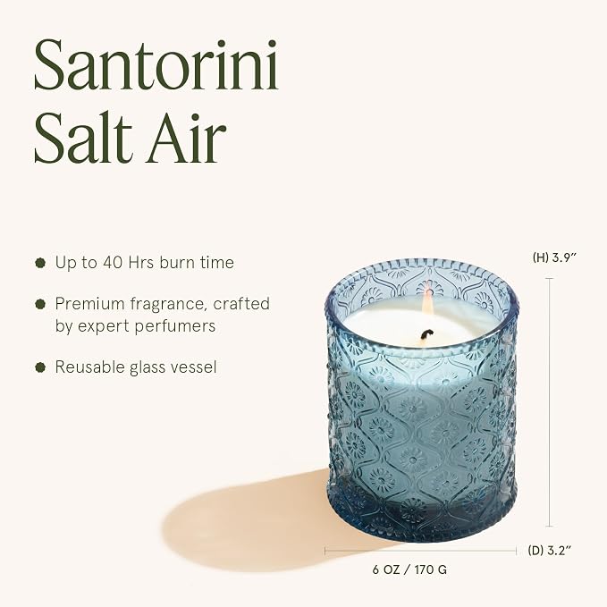 LA JOLIE MUSE Santorini Salt Air Scented Candles for Home, Soy Wax 40 Hrs | Luxury Blue Jar Candle, Natural Clean Non Toxic, Fresh Summer Ocean Candles, Relaxing Gifts for Women & Men, Bergamot & Sea