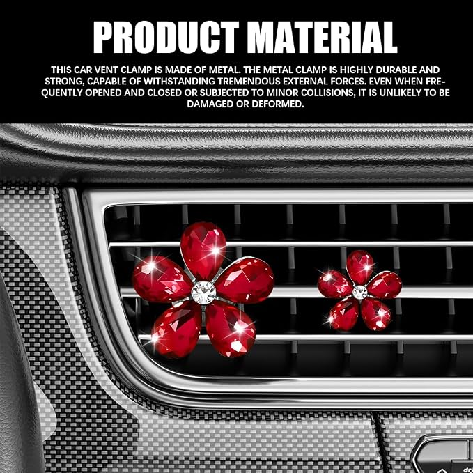 5PCS Bling Daisy Flower Car Air Vent Clips, Car Diffuser Vent Clip, Sparkling Crystal Rhinestone Cute Auto Air Conditioning Clamp, Diamond Air Outlet Clip Decor for Women Girls (Red)