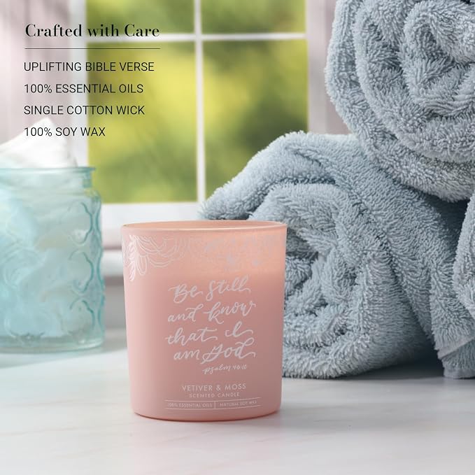 Christian Art Gifts Soy Wax Scented Candle: Be Still & Know Bible Verse, Vetiver & Moss Scent, Pure Essential Oils, 4.5 oz, Up to 20 Hours Burn Time, Glass Jar w/Bamboo Lid, Women's Encouragement Gift
