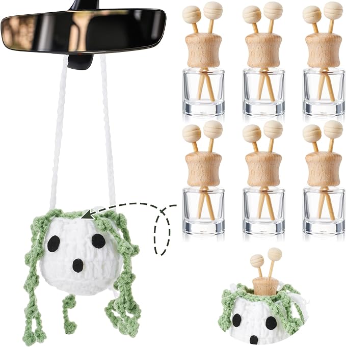 Leelosp 7 Pcs Nightmare Crochet Decoration Christmas Hanging Car Air Freshener with Empty Refillable Oil Diffuser Bottle Knitted Handmade Cute Car Interior Charm Ornament(8 ml, Ghost)
