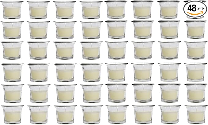 HOSLEY Oyster Cup Clear Glass Filled Candles 48 Pack Ivory Hand Poured Unscented Wax Candles for Home Restaurants Shabbat Church Weddings Romantic Moments Party Spa Meditation
