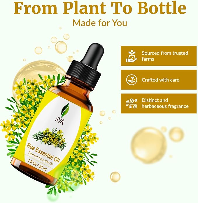 SVA Rue Essential Oil – 1 Fl Oz – 100% Natural Rue Oil - for Diffuser, Hair Care, Face, Skin Care, Aromatherapy, Scalp and Body Massage, Soap and Candle Making - with Dropper