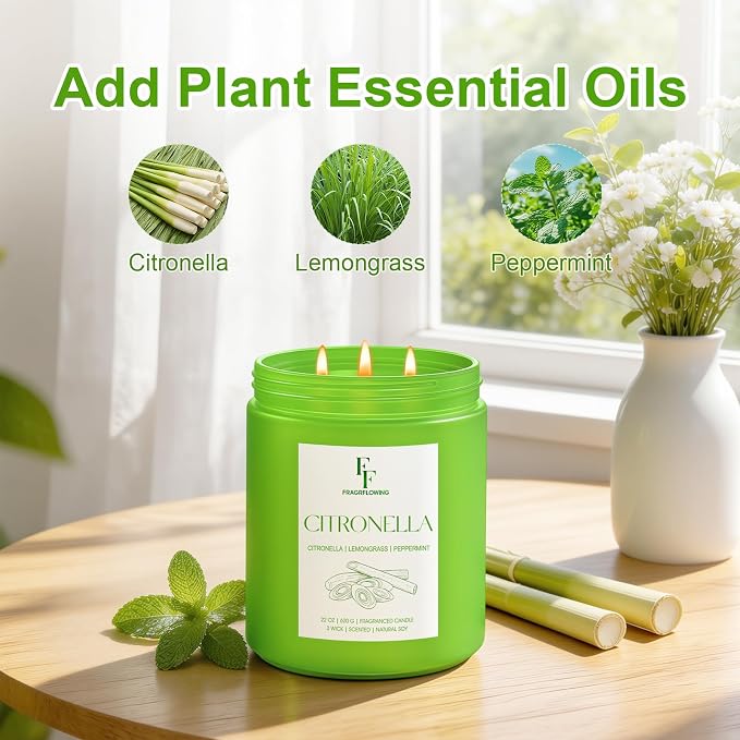Citronella Large Scented Candle Outdoor Indoor, 3-Wick 22oz Long Lasting Scented Candle, Natural Soy Wax Aromatherapy Candle for Backyard Patio Garden Camping