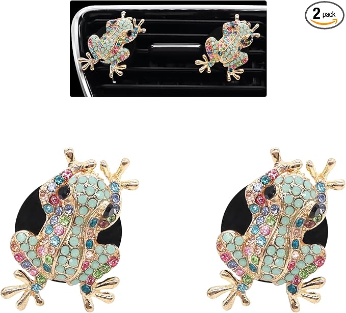 ORIESSE Frog Car Decor,2pcs Tree Frog Car Air Freshener Vent Clips,Cute Dashboard Decorations for Women Teens,Refillable Outlet Diffusers,Alloy Coloful Rhinestones Charm