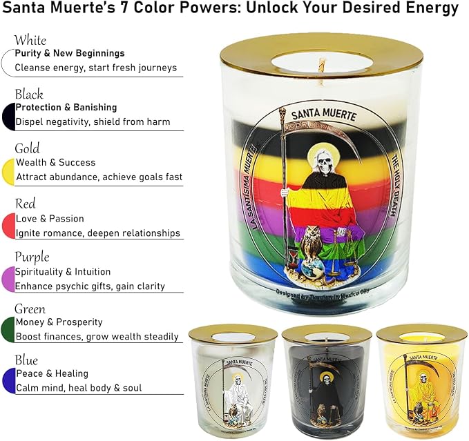 White Santa Muerte Candle 50 Hours│Natural Soy Wax│Purity, Divine Guidance, Peace, Mental Clarity, Fresh Start, Negative Energy Cleansing Ritual, Spiritual Protection │Design in Mexico City│3“×3.6”