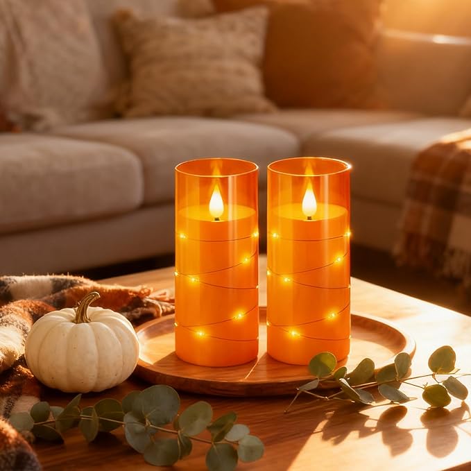 NURADA 3"x6"Flickering Flameless Candles: Built-in Star String Lights 3D Wick Battery Operated LED Pillar Candles with Remote and Timer for Halloween Thanksgiving Dinner Tables Home Fall Decor Orange