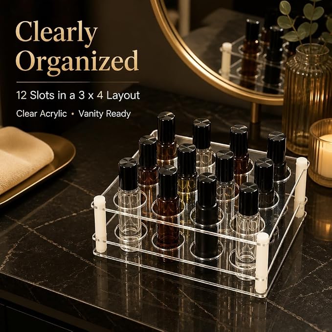 BOXIN 2-Pack Acrylic 2-in-1 Storage Rack, 12 Slots Each, Holds 10ml/15ml/20ml Essential Oils & Slim Lipsticks, Clear Desktop Vanity Organizer