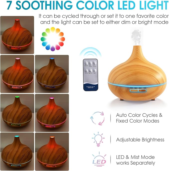 Rechargeable Diffuser for Essential Oils Large Room, 450ml Battery Operated Diffuser with Remote Control, Aromatherapy Oil Diffuser with Timer, 7 Colors Light air humidifiers for Home&Office