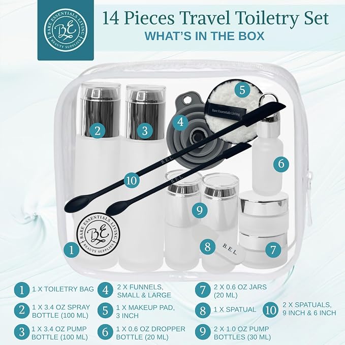 14 Pcs Glass Travel Skincare Containers Set-TSA Approved Toiletry Bag & Glass Travel Bottles for Toiletries Pump, Spray & Dropper Bottles Travel Size for Foundation, Serum Moisturizer Oil & Cream