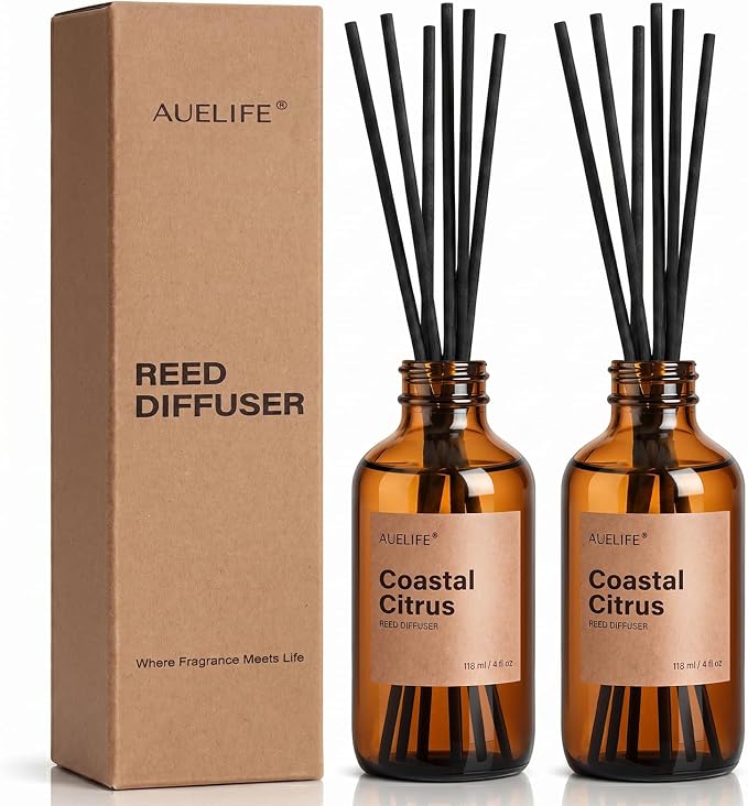 Auelife Reed Diffuser Set, Coastal Citrus 2 Pack 8 Fl Oz Scented Diffuser with Fiber Sticks, Home Fragrance Reed Diffuser for Bathroom Shelf Decor, Bedroom, Office & Housewarming Gift
