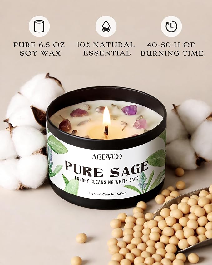 AOOVOO 2 Pack Sage Candles - Cleansing Candle with Crystals & Sage Leaves Inside, 13oz 100 Hours Long Lasting, Non Toxic Candle for Spiritual House Energy Meditation Yoga