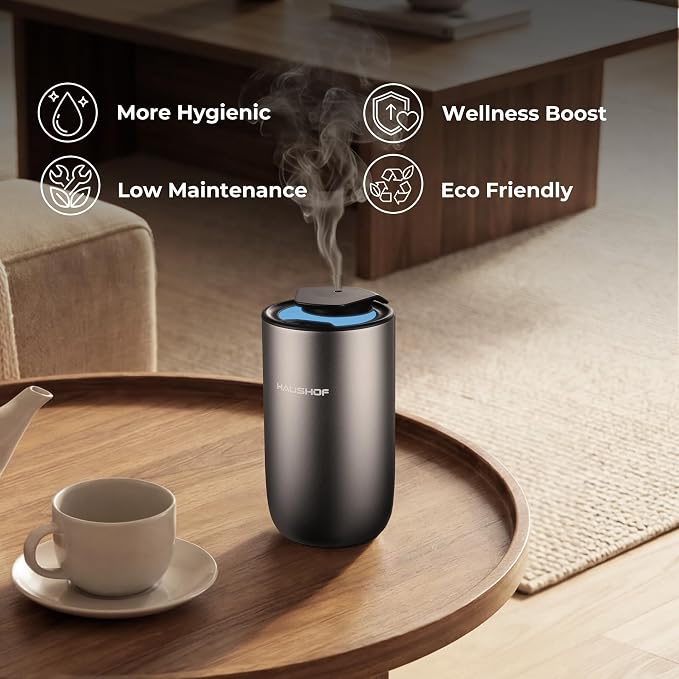 HAUSHOF Waterless Essential Oil Diffuser for Home & Car, Smart Aromatherapy Scent Diffuser with Auto On/Off, 3 Mist Levels & 3 Color Lights, Rechargeable Portable Design, Premium Silver Metal Finish