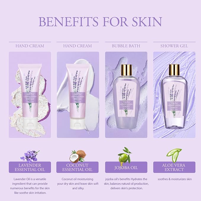Lavender Bath and Body Gift Basket, Face Skin Care Set, Spa Kit, Self-Care | Bath Gift Baskets, Spa Gifts for Women, Spa Kit, Spa Gifts for Women Bath and Body Lavender Honey Gift Set, Mom, Girlfriend