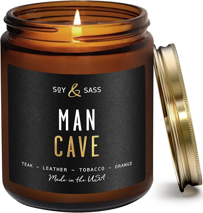 Man Cave Candle I Scented Black Candles for Men - Rich Teakwood & Tobacco Soy Wax Mens Candle - Infused w/Essential Oils | Masculine Manly Candles for Men I 50Hr Burn, 9oz I Non Toxic I Made in USA