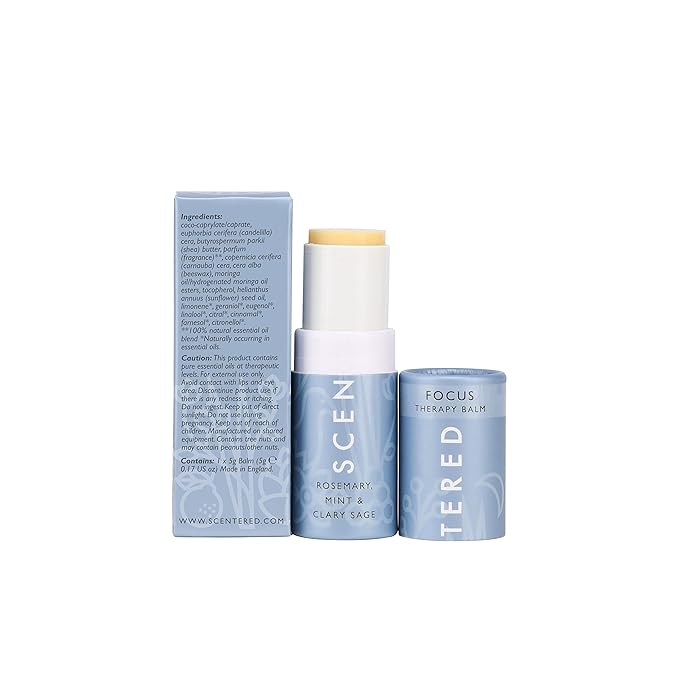 Scentered Aromatherapy Balm Stick for Focus & Concentration - Roll On Essential Oils Blend with Rosemary, Mint, Clary Sage in Shea Butter - Aromatherapy Gifts for Women