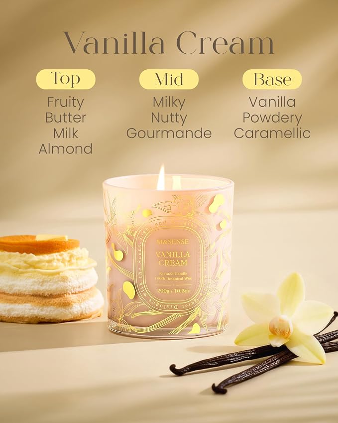 M&SENSE Vanilla Soy Candle, Cozy Long Burning Gift | Slow Burn, Clean Soy Wax Cotton Wick, Warm Comfort For Small Rooms, Non-Toxic Pet Friendly, Reusable Golden Stamped Jar