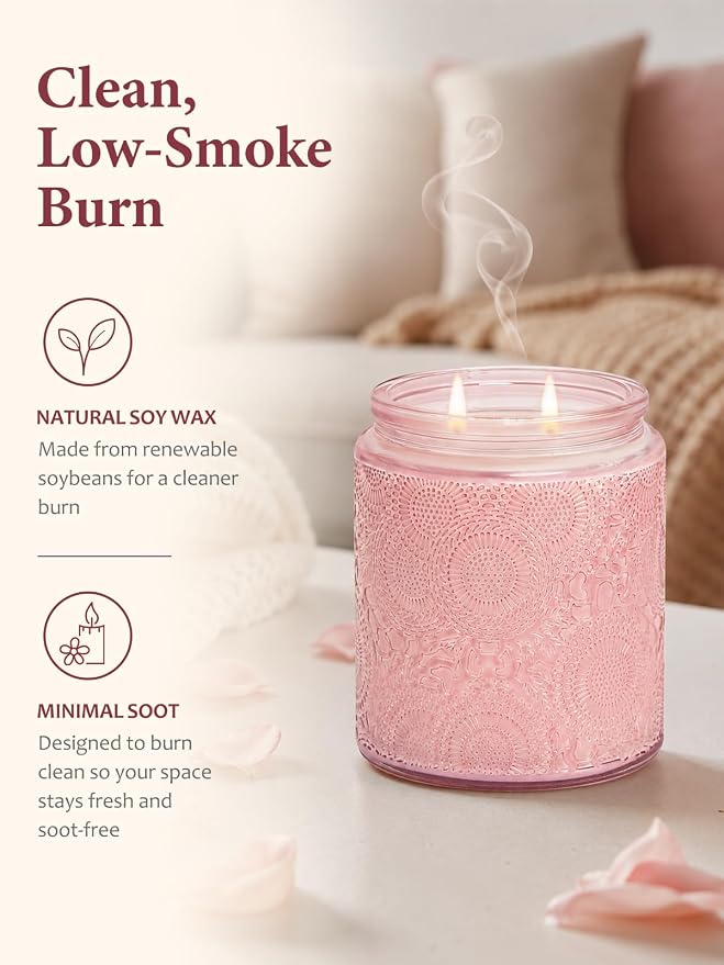 Cirhy Rose Scented Candle, Pink Candle for Women – Natural Soy Wax, Dual Cotton Wicks, 50-Hour Long Burning, Perfect Birthday, Christmas & Holiday Gift for Her, Home Fragrance 7.4 oz