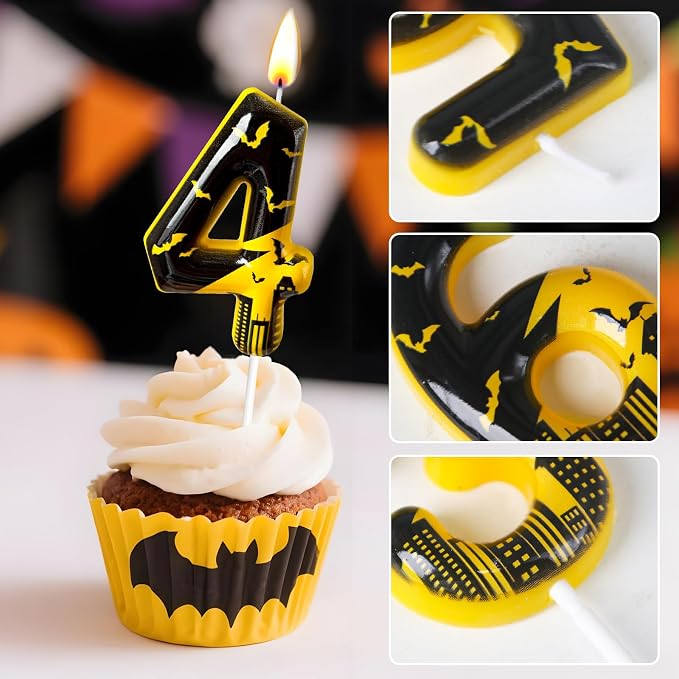 Black Yellow Number 4 Birthday Candle for Cake – Dark Night Hero Style with Bat & City Silhouette Design – Unique Cake Topper for Birthday, Anniversary, Themed Party Decoration