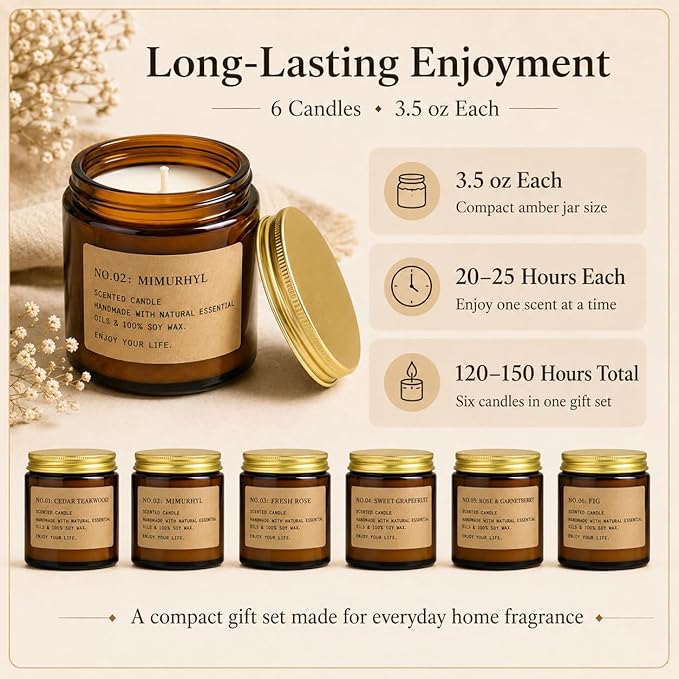 6 Pack Candles for Home Scented Aromatherapy Candle Gift Set for Women Soy Wax Long Lasting Amber Jar Candles Gift for Birthday Mother's Thanksgiving Day Present