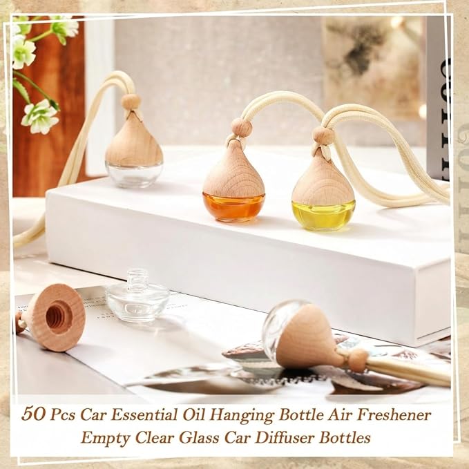 Rtteri 50 Pcs Car Air Fresheners Diffuser for Essential Oil Empty Hanging Bottle Glass Bottles Refillable Perfume Pendant Aromatherapy Fragrance Ornament Decor(Simple Style)