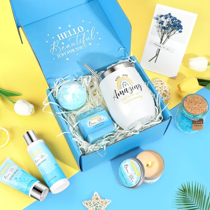 Birthday Gifts for Women, Ocean Scented Relaxing Spa Gift Baskets for Women Mom Her Wife Sister Friends Coworker Employee, Self Care Bath and Body Gift Set for Mothers Day Birthday Inspirational Gift