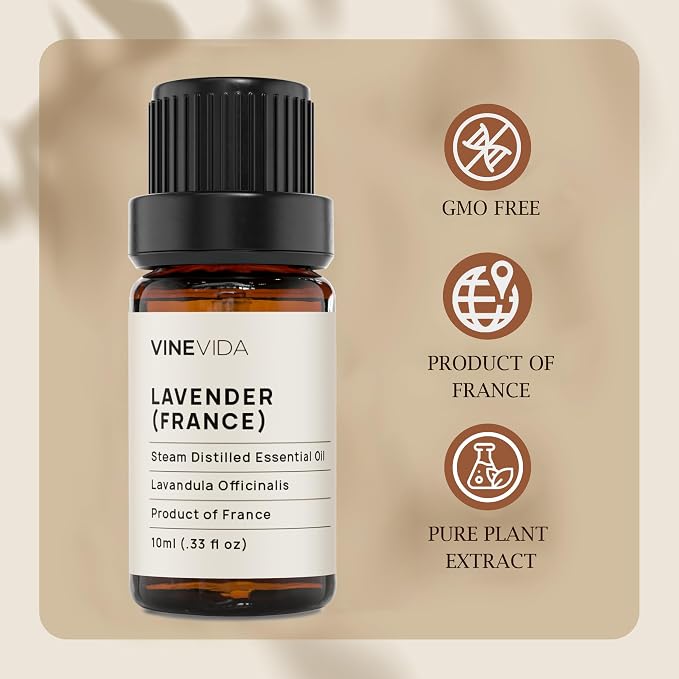 VINEVIDA Lavender France Essential Oil 10 mL - Undiluted Lavender Oil 10 mL - Lavender - DIY Candle Scents for Candlemaking - 10 mL Essential Oil for Soap Making Safe for Skin (4OZV-OBP-LAV-FRA-10ML)
