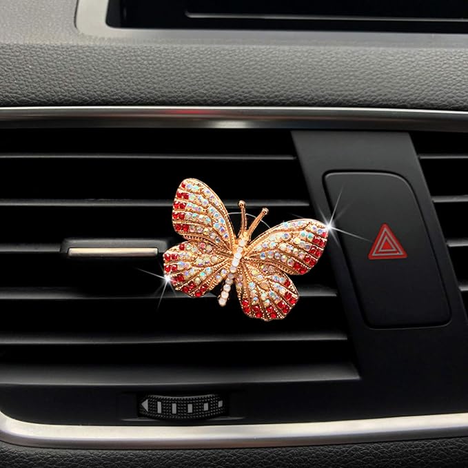 Bling Butterfly Car Air Vent Clip, Cute Rhinestone Air Freshener Clip, Glam SUV Outlet Vent Decorations, Charm Car Inter Decor Accessories for Girls Women (Pink + Red)