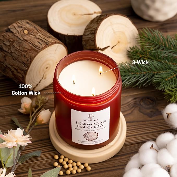 Teakwood & Mahogany Large Christmas Scented Candle, 3-Wick 22oz Long Lasting Scented Candle, Natural Soy Wax Aromatherapy Candle for Home, Holiday Candle Gifts for Women Men