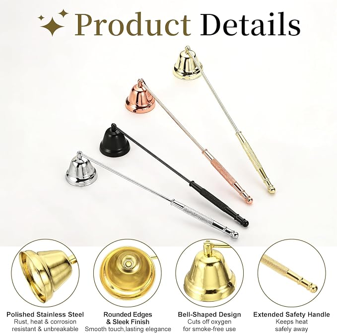 uxcell Candle Snuffer, Candle Extinguish with Long Handle, Wick Flame Snuffer Extinguish Accessory Bell-Shaped for Putting Out Flame Home Decor Gifts, Gold