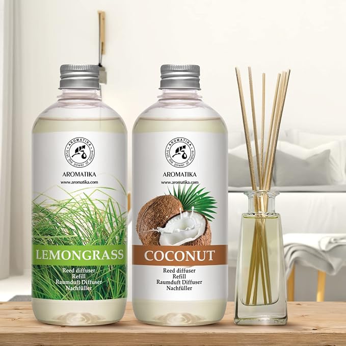 Lemongrass Reed Diffuser Refill & Reed Diffuser Refill Coconut - 2 x 17 Fl Oz - Fresh & Long Lasting Fragrance - Reed Diffuser Oil Refill for Aromatherapy - Home - Office - Restaurant